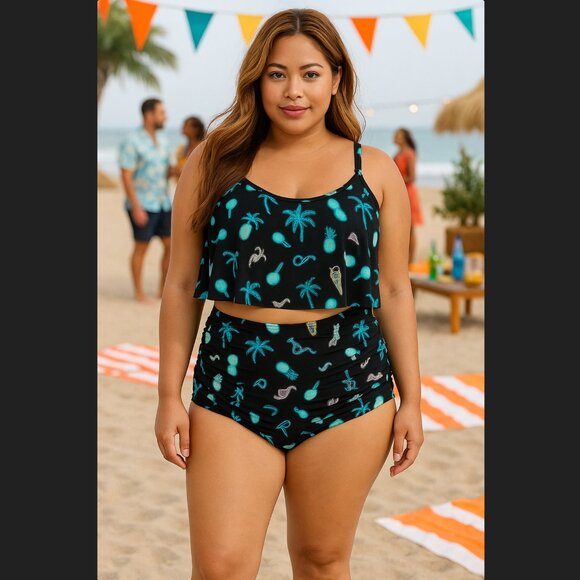 Torrid Flounce Bikini Swim Set 1X 14 16 Tropical Neon Print High Waist Bottom - Picture 1 of 16